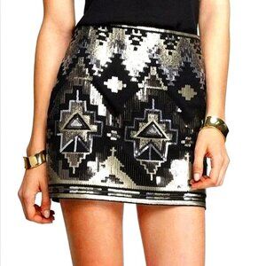 Express | Aztec Mini Skirt | Black with Gold + Silver Sequins | SM